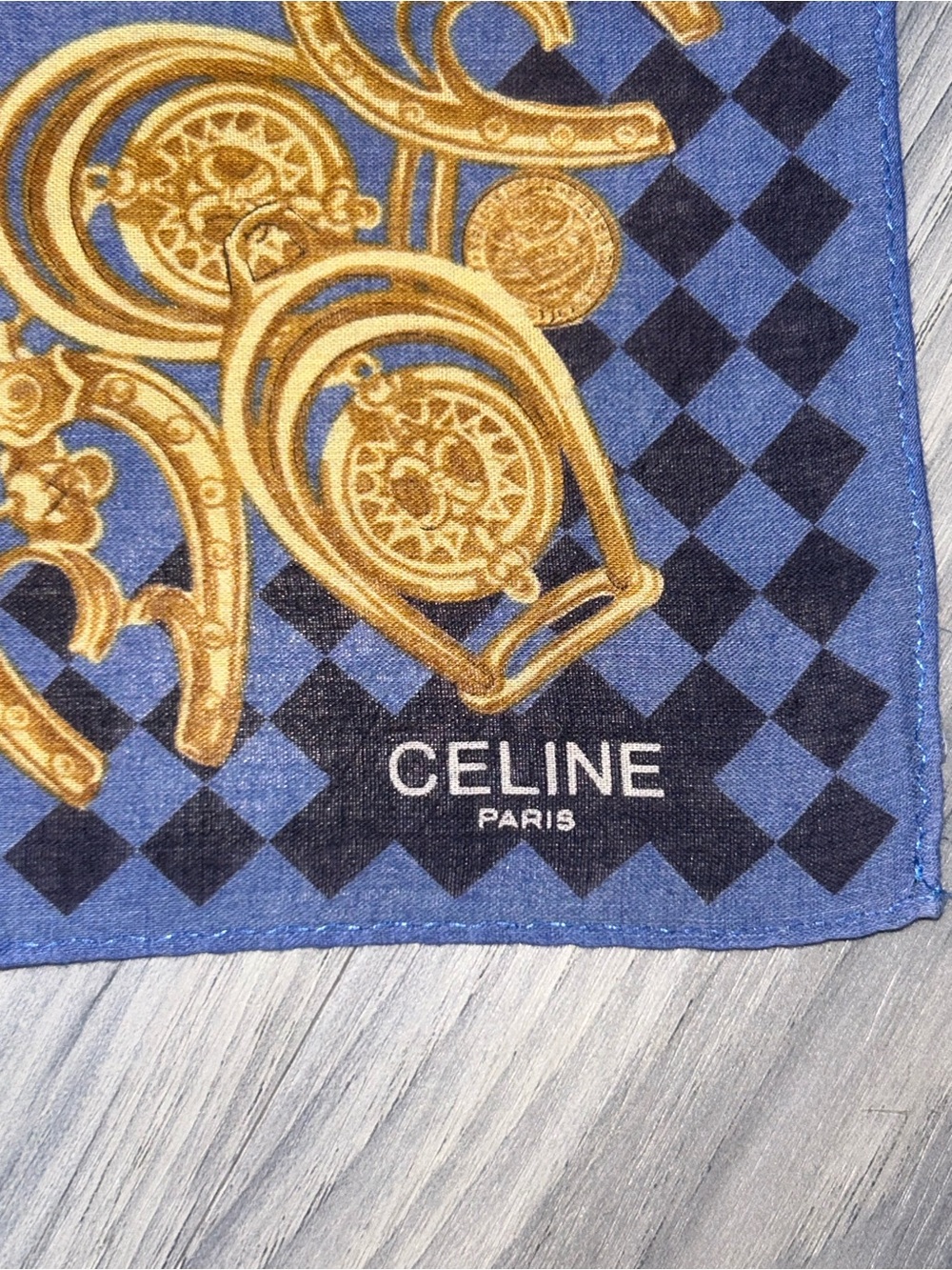 Vintage Celine Blue Cotton Handkerchief with Gold Medallion Design - Picture 5 of 11